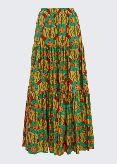 Shop La Doublej Big Abstract Floral-print Tiered Maxi Skirt In Clover