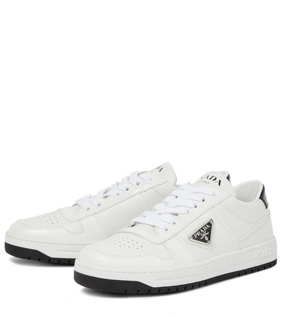 Prada Logo-plaque Leather Sneakers In Bianco+nero