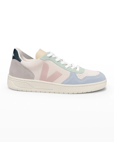 Shop Veja V-10 Colorblock Suede Low-top Sneakers In Multico Natural