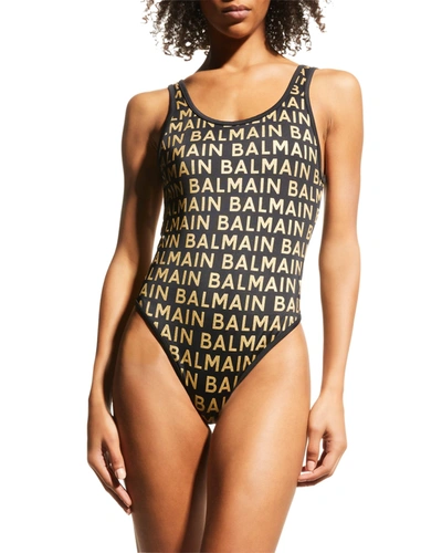 Shop Balmain Olimpionic Scoop-back Tank One-piece Swimsuit In Blackgold