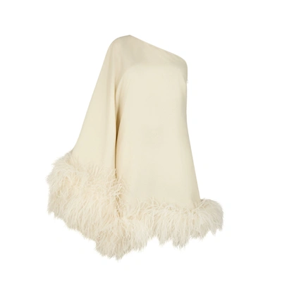 Shop Taller Marmo Piccolo Ivory Feather-trimmed One-shoulder Mini Dress