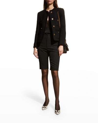 Shop Saint Laurent Collarless Tweed Jacket W/ Four Pockets In Nero
