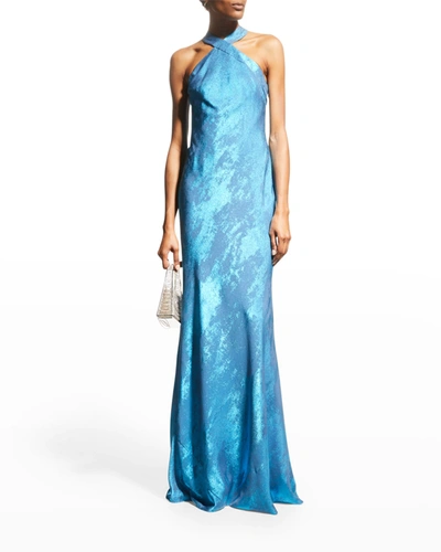 Shop Aidan Mattox Metallic Halter Gown In Ocean Dream