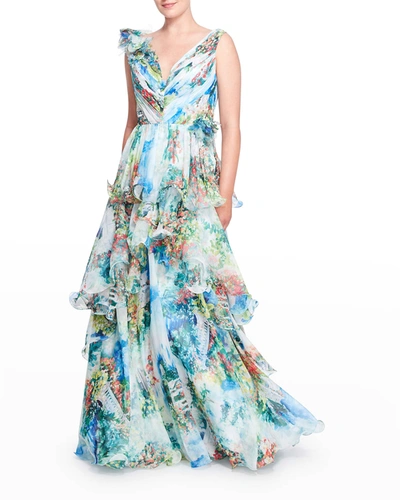 Shop Marchesa Notte Tiered Chiffon Gown W/ 3d Floral Corsage In Multi
