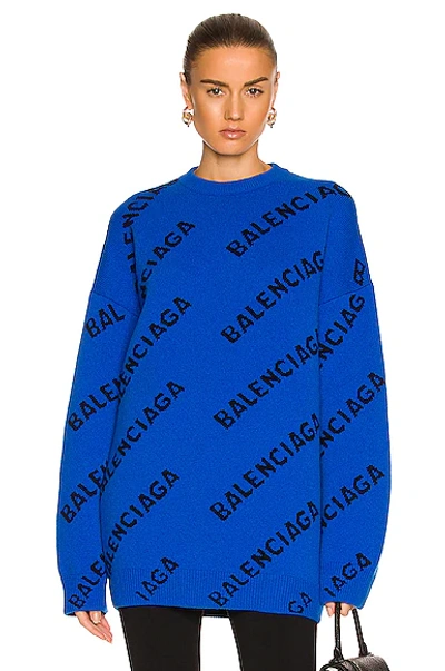 Shop Balenciaga All Over Logo Crewneck Sweater In Blue & Black