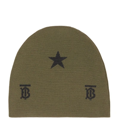 Shop Burberry Kids Wool-blend Star And Monogram Beanie In Green