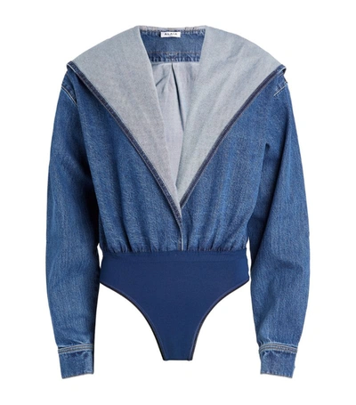 Shop Alaïa Washed Denim Bodysuit In Blue
