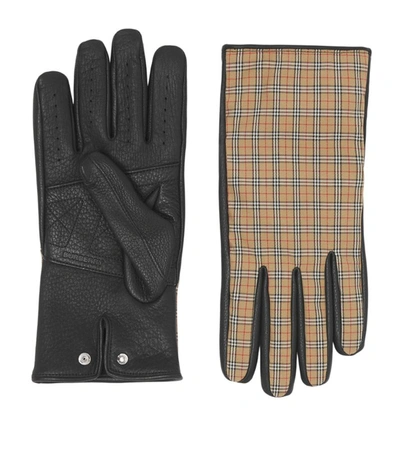 Shop Burberry Cashmere-lined Check Leather Gloves In Brown