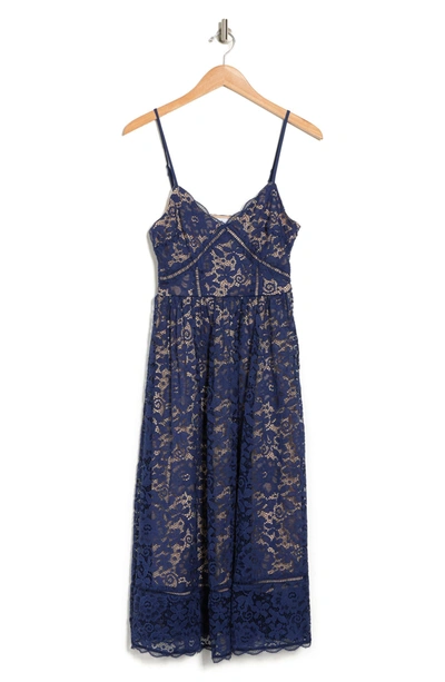 Shop Nsr Crochet Stretch Lace Midi Dress In Navy