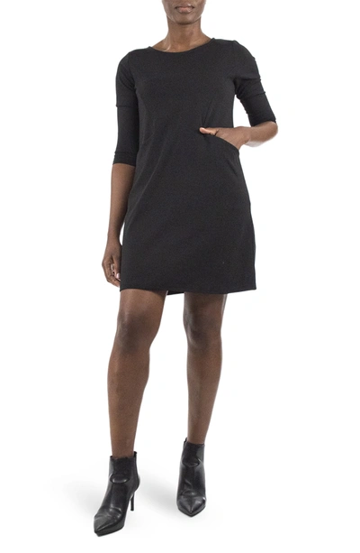 Nina Leonard Crew Neck 3/4 Length Sleeve Swing Dress In Black