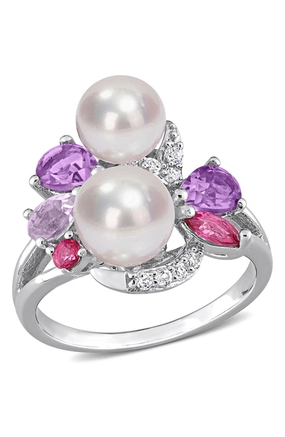 Shop Delmar Sterling Silver Cultured Freshwater Pearl & Gemstone Cluster Ring In Multi