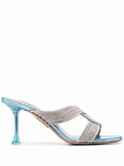Shop Aquazzura Gatsby  Leather And Crystals Mules In Light Blue
