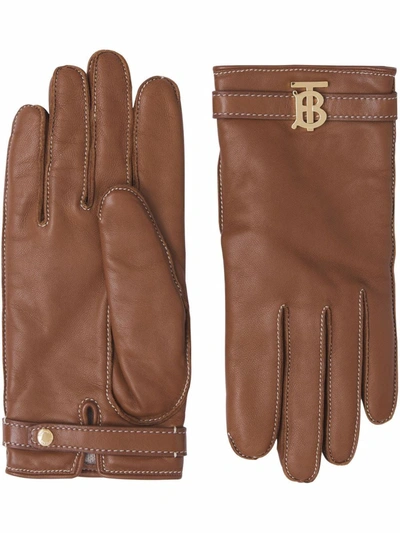 Shop Burberry Monogram Motf Lamskin Gloves In Brown