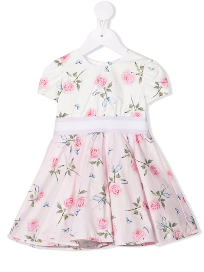 Monnalisa Rose-print Flared Midi Dres In Pink