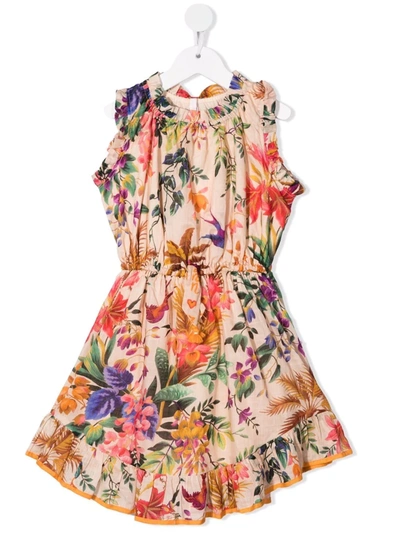 Shop Zimmermann Floral-print Ruffle Mini Dress In Neutrals