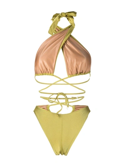 Noire Swimwear Lattice-strap Halterneck Swimsuit In Yellow