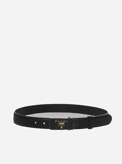 Shop Prada Logo-buckle Saffiano Leather Belt In Black