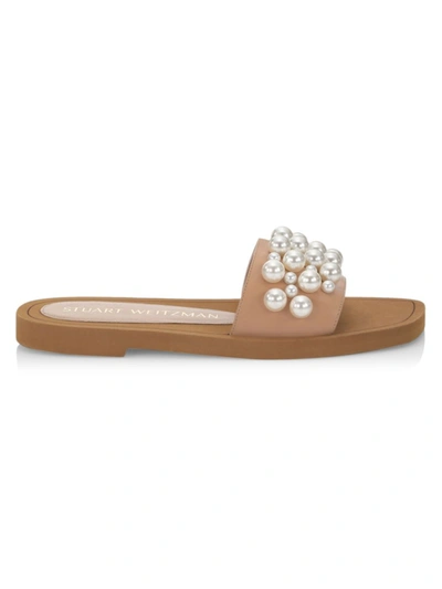 Shop Stuart Weitzman Women's Goldie Embellished Leather Slide Sandals In Adobe