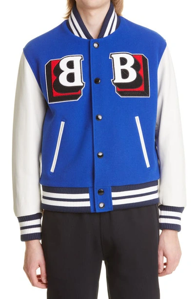 Shop Burberry Felton B Logo Leather Sleeve Wool Blend Varsity Jacket In Oceanic Blue
