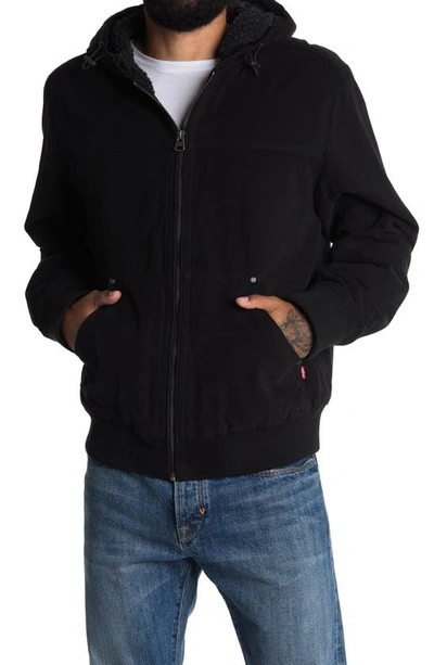 Levi's Faux Shearling Lined Hooded Bomber Jacket In Black