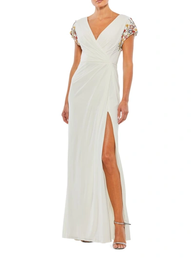 Shop Mac Duggal Women's Embellished Wrap Gown In White Multi