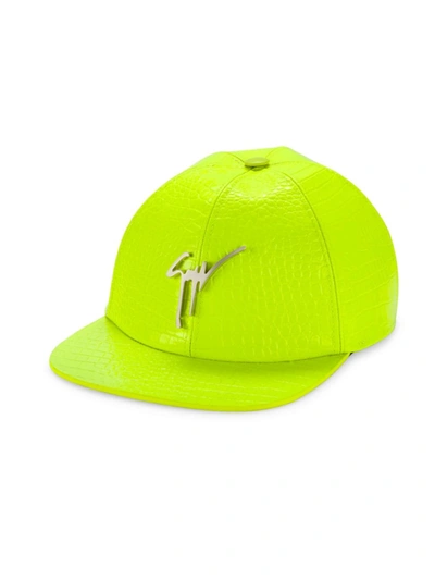 Shop Giuseppe Zanotti Men's Logo Leather Hat In Neon Yellow