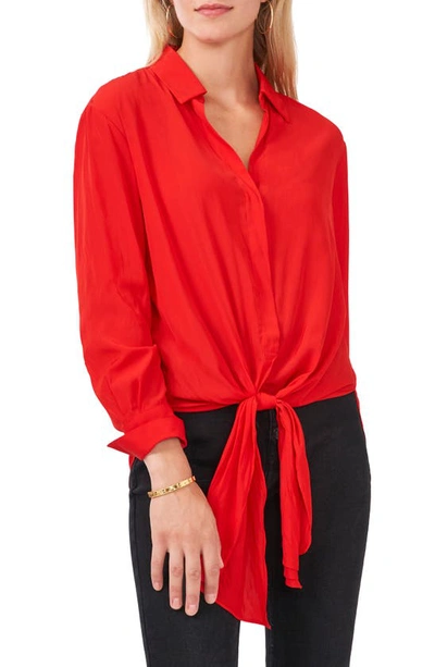 Shop Vince Camuto Tie Front Button-up Matte Satin Blouse In Bright Cherry