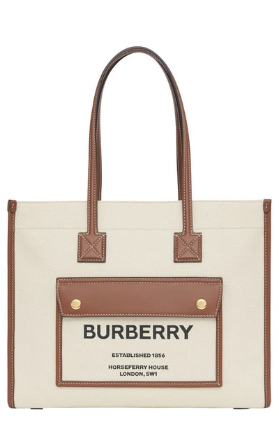Shop Burberry Small Freya Horseferry Logo Canvas & Leather Tote In Natural/ Tan