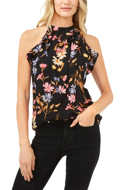 Cece Tie Neck Ruffle Sleeveless Blouse In Rich Black