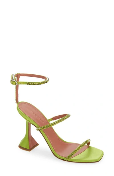 Shop Amina Muaddi Gilda Crystal Strappy Sandal In Satin Kiwi/ Olivine Crystals