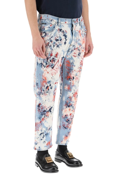 Shop Dolce & Gabbana Marbled Print Jeans In Blue,white,red