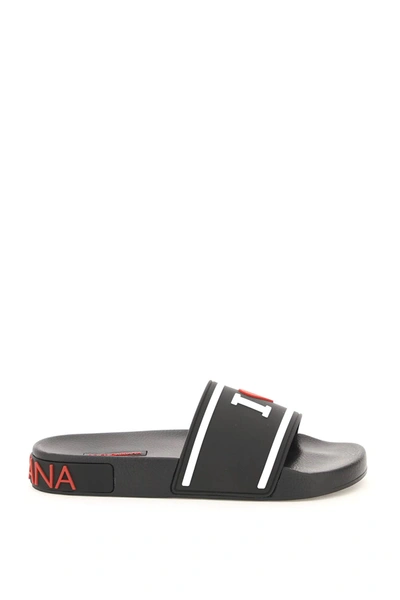 Shop Dolce & Gabbana 'i Love Dg' Rubber Slides In Black,white