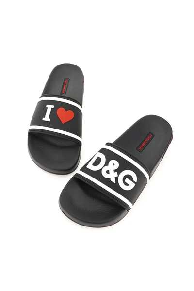 Shop Dolce & Gabbana 'i Love Dg' Rubber Slides In Black,white