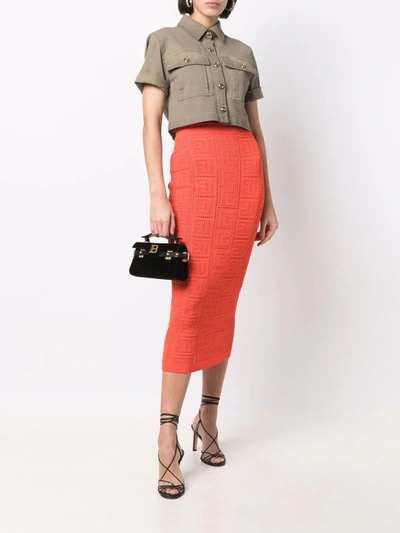 Shop Balmain Perforated Monogram Skirt In Orange