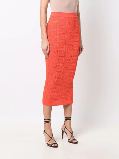Balmain Mid-length Knit Skirt With Monogram In Orange