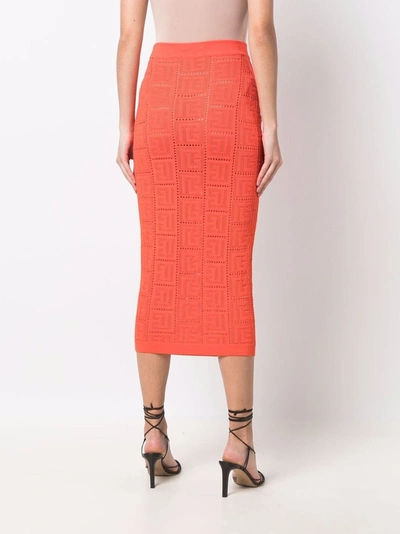 Shop Balmain Perforated Monogram Skirt In Orange