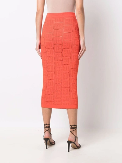 Balmain Mid-length Knit Skirt With Monogram In Orange