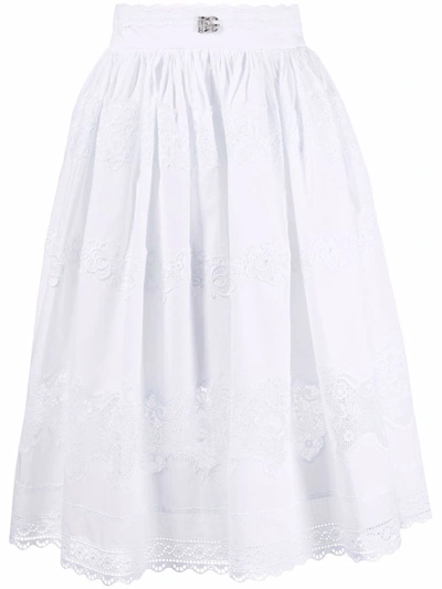 Shop Dolce & Gabbana Floral Lace Flared Midi Skirt In White