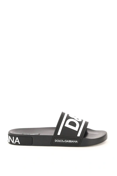 Shop Dolce & Gabbana Slides In Gomma Con Logo In Nero, Bianco