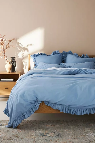 Shop Anthropologie Ruffled Organic Spa Sateen Duvet Cover By  In Blue Size Full