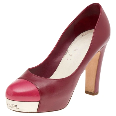 Pre-owned Red/pink Leather Cc Cap Toe Block Heel Platform Pumps Size 35.5