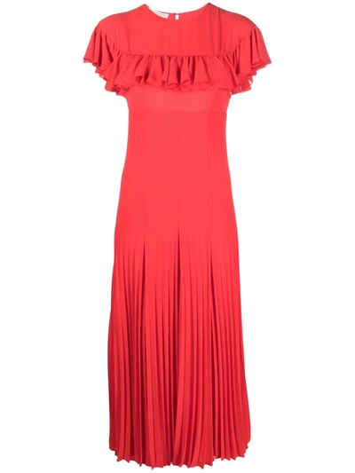 Shop Philosophy Di Lorenzo Serafini Plisse Ruffle-shoulder Midi Dress In Rot