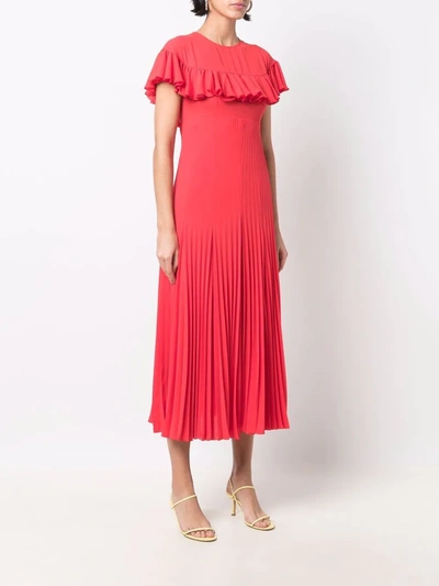 Shop Philosophy Di Lorenzo Serafini Plisse Ruffle-shoulder Midi Dress In Rot