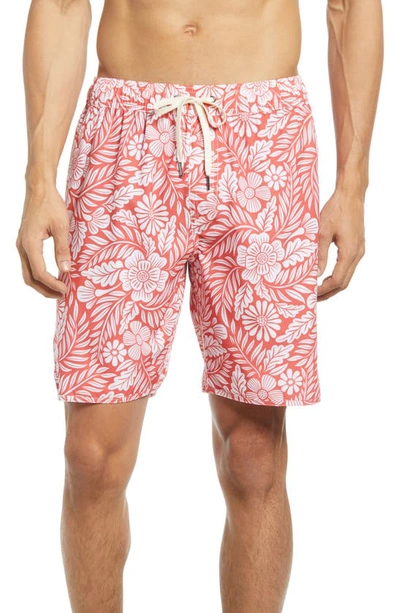 Shop Fair Harbor The Anchor Solid Swim Trunks In Red Hawaiian Floral