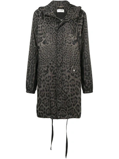 Shop Saint Laurent Leopard Print Hooded Parka In Grey