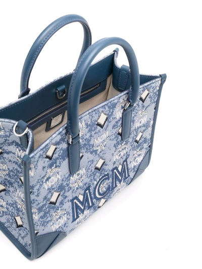 Shop Mcm Small Monogram-print Tote Bag In Blue