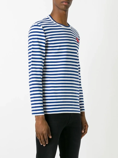 Shop Comme Des Garçons Play Striped Heart Embellished T-shirt In Blue