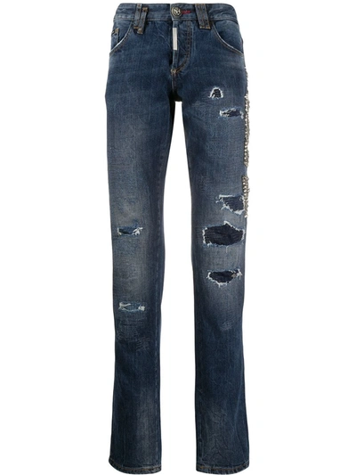 Shop Philipp Plein Studded Patchwork Straight-leg Jeans In Blue