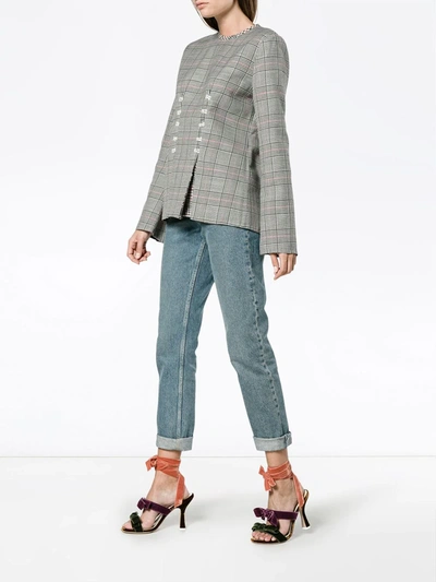 Shop Rosie Assoulin Double Check Top With Flared Sleeves In Grey