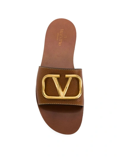 Shop Valentino Vlogo Signature Leather Slides In Brown